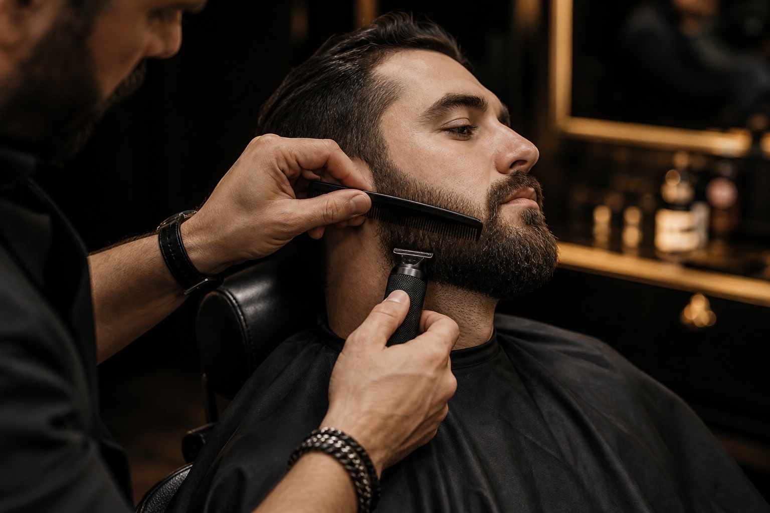 Professional beard grooming with trimmer and comb
