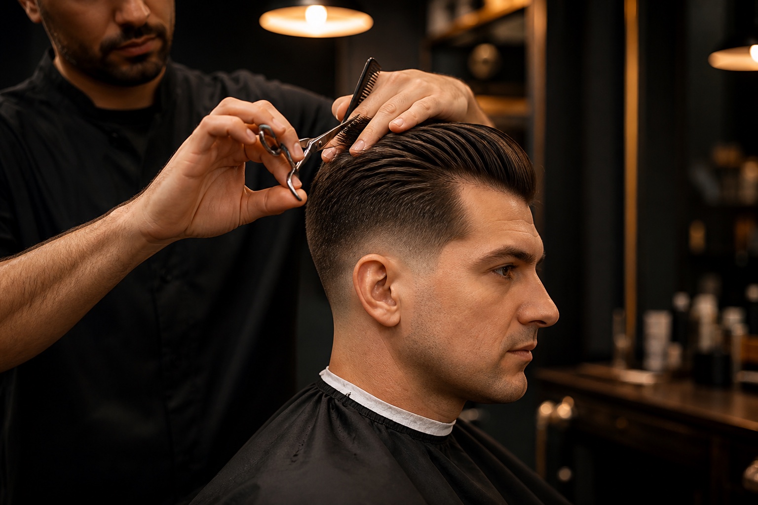 Professional haircut with scissors and comb