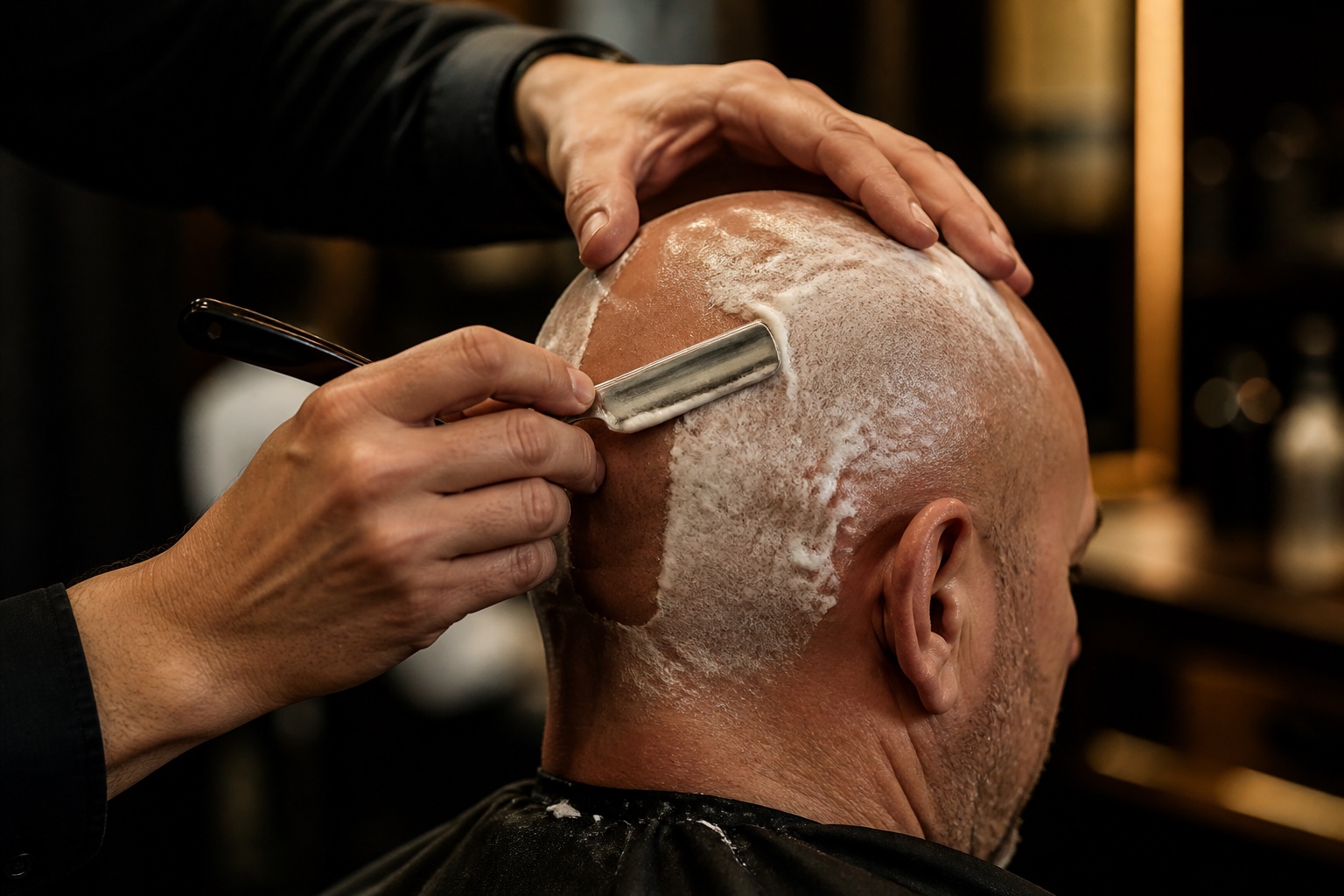 Professional bald head shave with a straight razor